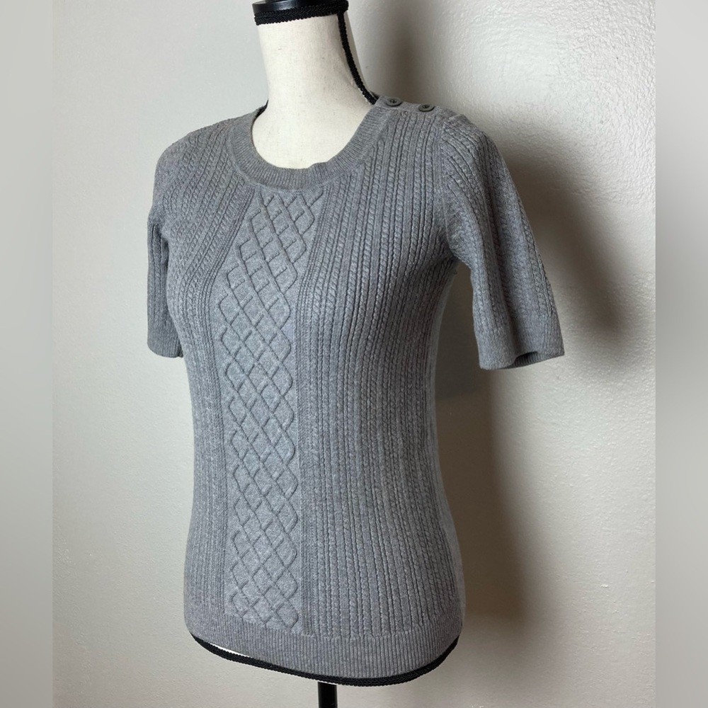 Cable Knit Button Shoulder Sweater Elbow Length Gray Grey
